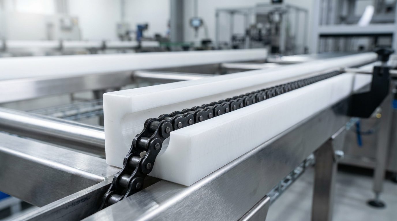 CTS Single-Row UHMWPE chain guide with deep C-shape slot containing 12B-1 chain