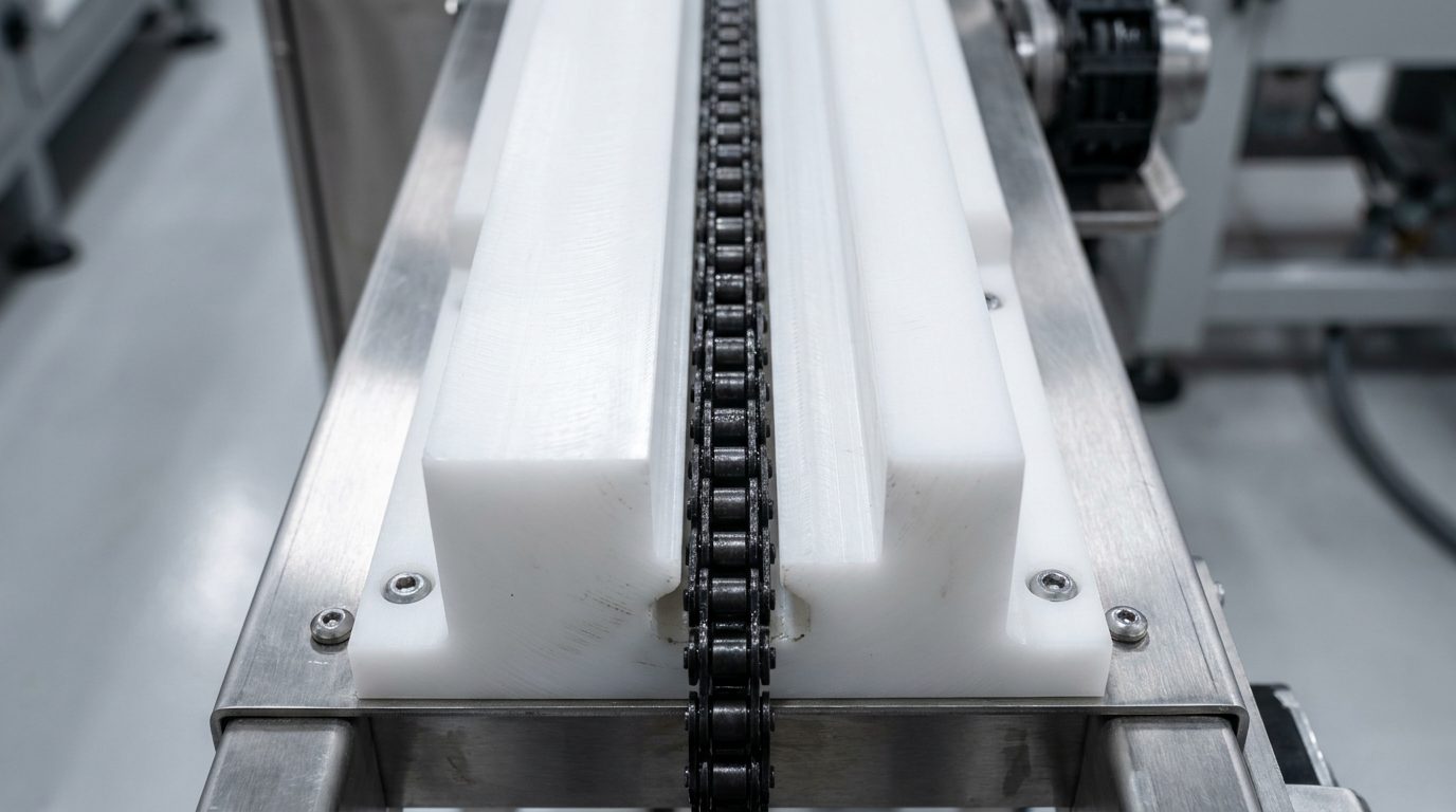 Top-down view of CTS C-shape UHMWPE chain guide with retention walls