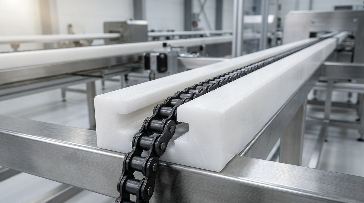 ETA Single-Row UHMWPE chain guideway installed on stainless steel conveyor with 08B-1 roller chain