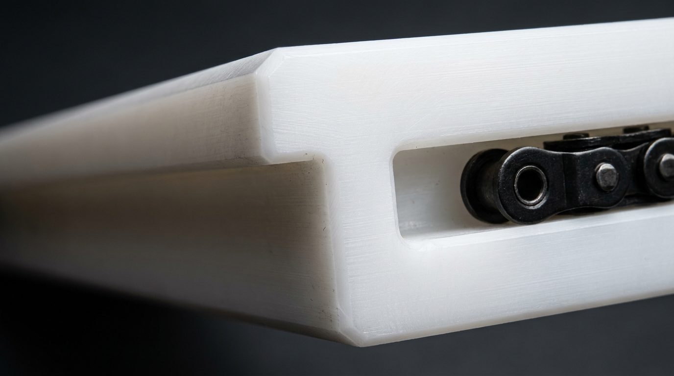 Cross-section close-up of ETA single-row T-shaped slot in UHMWPE