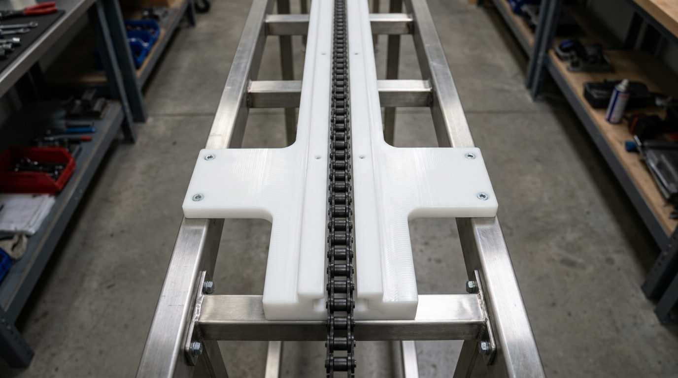 Top-down view of ETA single-row UHMWPE chain guide with 08B-1 chain in T-slot