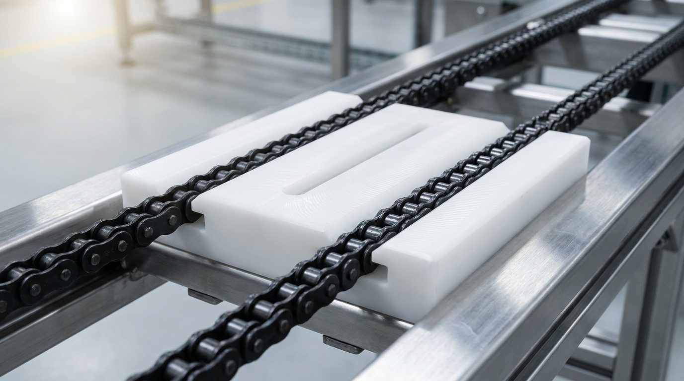 T-Shape Double-Row UHMWPE chain guide with twin 08B-2 chains on conveyor frame