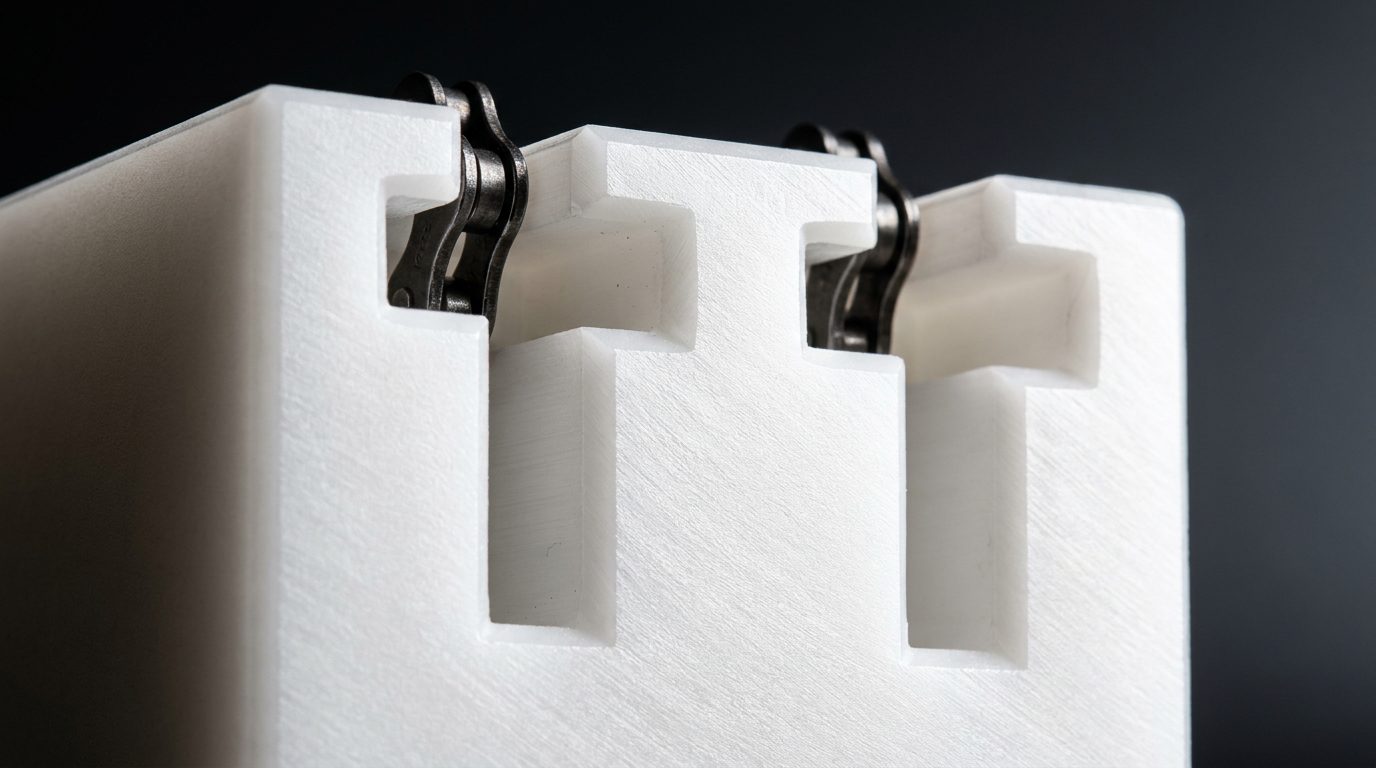 Cross-section of twin T-slot UHMWPE chain guide showing symmetric dual channels