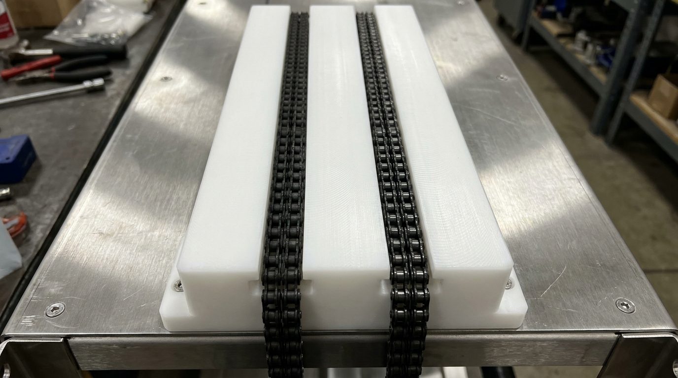 Top-down view of double-row UHMWPE guide with two parallel chains