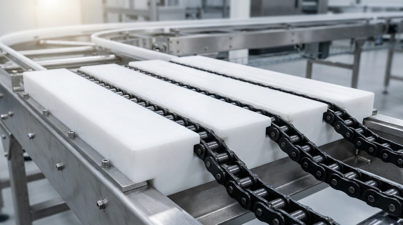 T-Shape Triple-Row UHMWPE chain guide with three 16B-3 chains on heavy-duty conveyor