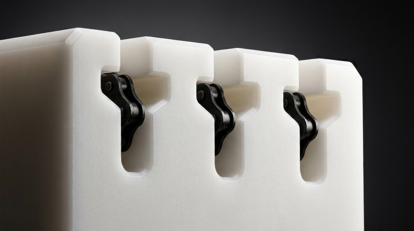 Cross-section of triple T-slot UHMWPE chain guide for heavy-duty triple-strand applications