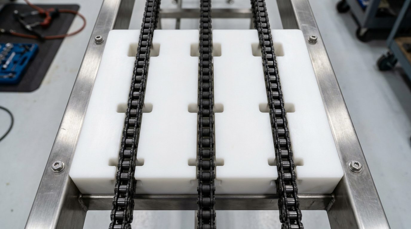 Top-down view of triple-row UHMWPE guide with three parallel chains
